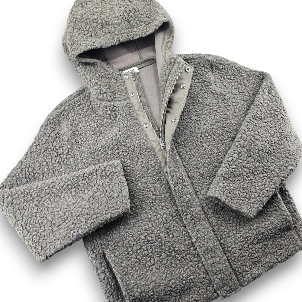 COS Mens Teddy Fleece Hooded Jacket Size M Grey Wool Blend Zip Snap Coat